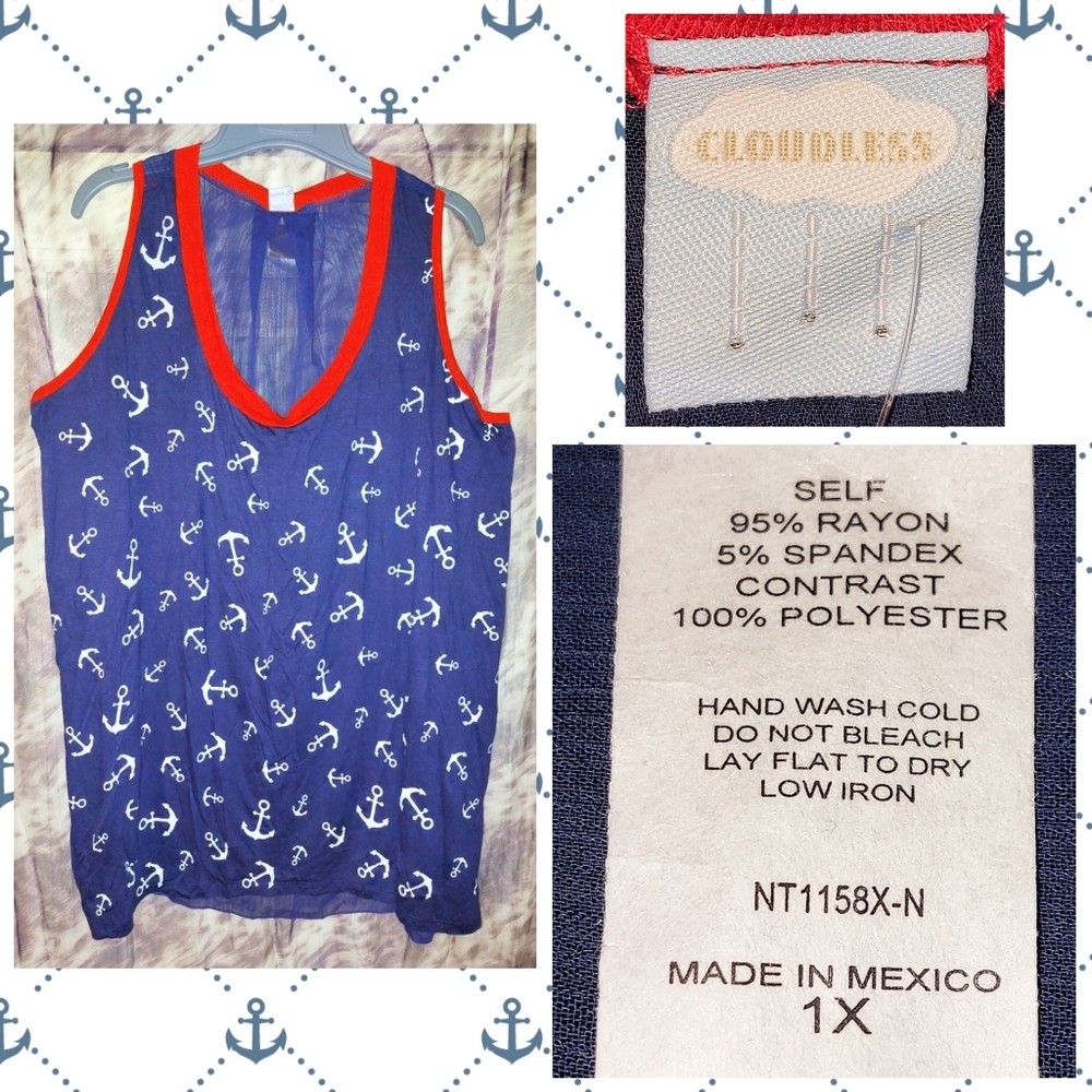 Cloudless Navy Blue/Wht/Red Anchors Print Knit & Woven Hi-Lo Tank Top 1X(16/18)